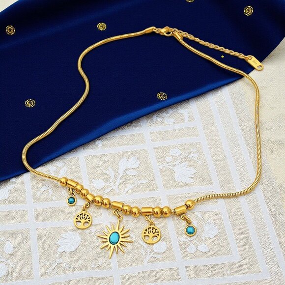18K Gold Plated Stainless Steel Turquoise Necklace Sun Tree Of Life Charms - Picture 5 of 11
